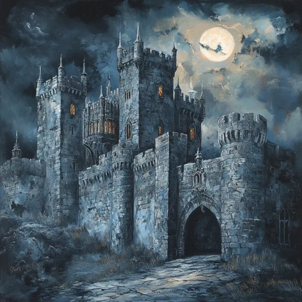 Step into the mystery of a haunted castle with this dark fantasy artwork from Shadowed Realms. This detailed piece captures the ominous beauty of an ancient fortress