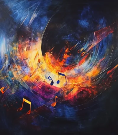 "Resonate in the Void" is an evocative piece from our contemporary art series. Symbolic music notes and vibrant
