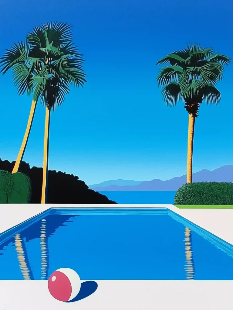 Serene Poolside Canvas Art, Hiroshi Nagai Canvas Art, Summer Canvas Art, Poolside Canvas Art, Endless Summer Art, Tranquil Art, Tropical Canvas Art, Scenic Poolside Art, Modern Minimalist Art, Sunlit Pool Art, Calm Summer Art, Dreamy Landscape Art, Relaxing Wall Art, Beach Vibes Canvas Art, Hiroshi Nagai Inspired Art