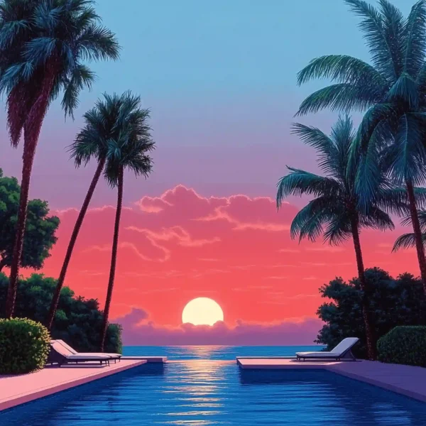 Retro Tropical Sunset Canvas Art, Hiroshi Nagai Canvas Art, Summer Nostalgia Art, Poolside Canvas Art, Glowing Sunset Art, Tropical Canvas Art, Serene Sunset Art, Warm Summer Art, Retro Summer Decor Art, Scenic Tropical Art, Hiroshi Nagai Inspired Art, Dreamy Sunset Canvas Art, Summer Evening Vibes, Pool Glow Canvas Art, Nostalgic Art
