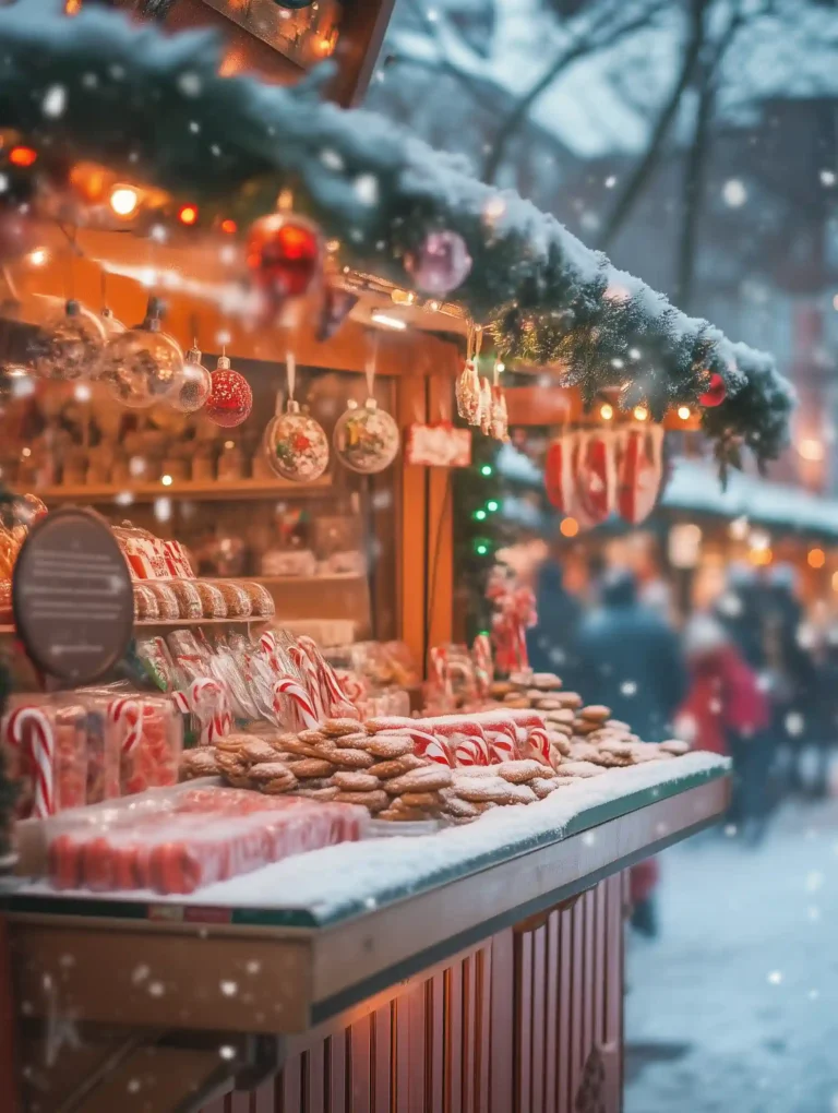 Christmas Market Candy Stand Canvas Art, Candy Stand Art, Holiday Market Art, Christmas Treats Art, Gingerbread Cookie Art, Christmas Candy Art, Festive Candy Stand, Sweet Holiday Art, Winter Market Art, Snowy Market Art, Christmas Lights Art, Kids Holiday Treats Art, Christmas Decorations Art, Snowflakes Falling Art, Christmas Food Art