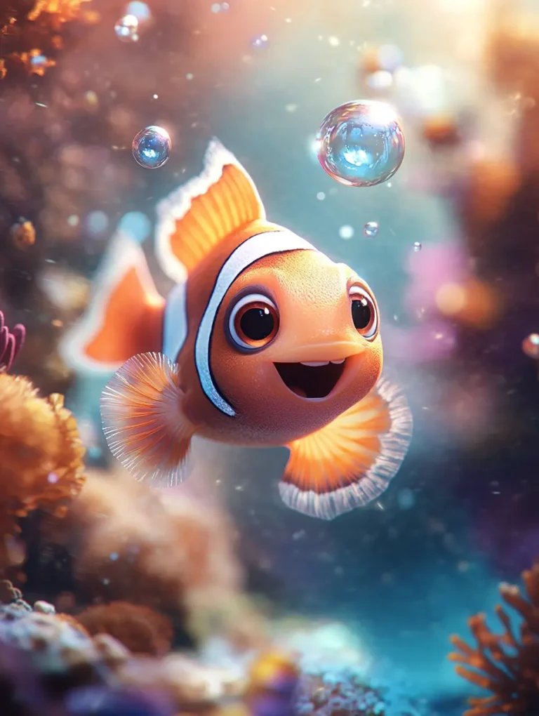 Playful Clownfish Canvas Art, Clownfish Art, Ocean Chase Art, Energetic Ocean Art, Fish Chase Art, Disney Ocean Art, Motion Blur Art, Coral Background Art, Clownfish with Bubble, Underwater Action Art, Kids Ocean Art, Playful Marine Art, Underwater Chase, Bright Fish Art, Fish with Big Eyes, Colorful Ocean Art, Lively Ocean Decor, Dynamic Fish Art