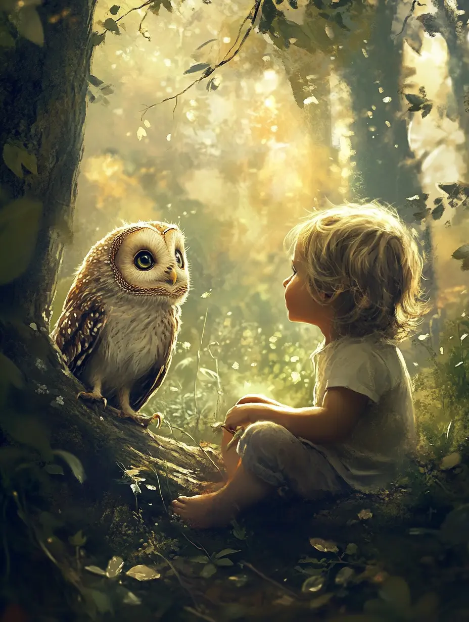 Child and Owl Canvas Art, Owl Art, Forest Art, Magical Forest Art, Disney Forest Art, Child and Animal Art, Peaceful Forest Art, Wildlife Canvas Art, Magical Owl, Whimsical Nature Art, Child Watching Owl, Nature Art for Kids, Animal Interaction Art, Calm Forest Decor, Kids Nature Art, Forest Atmosphere Art, Child and Owl Wall Art