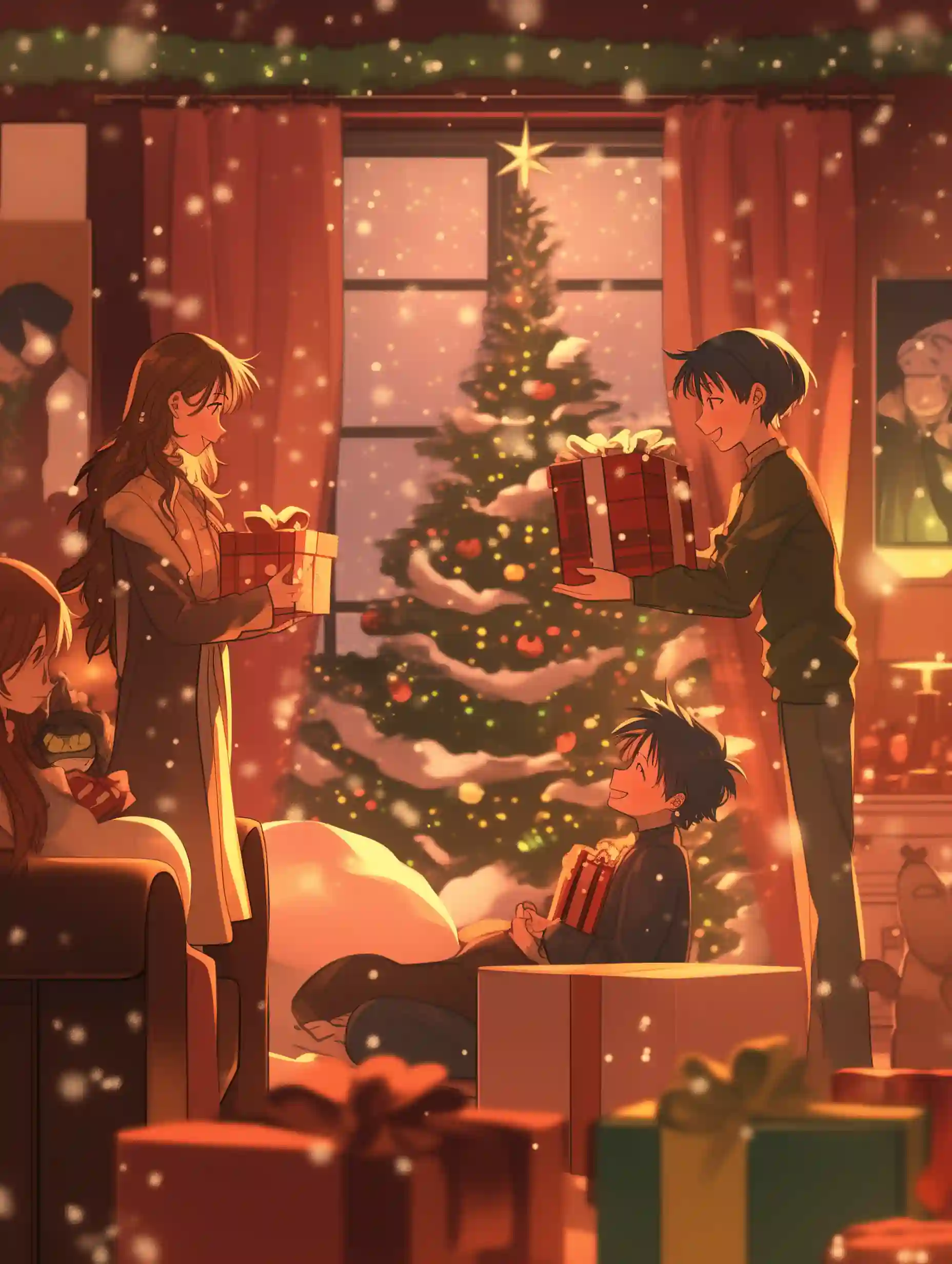 Anime Christmas Gift Exchange Art, Christmas Gift Exchange Art, Holiday Gift Art, Christmas Tree Art, Anime Holiday Art, Festive Living Room Art, Christmas Cheer Art, Snowy Window Art, Anime Christmas Scene, Holiday Lights Art, Gift Giving Art, Joyful Christmas Art, Christmas Decor Art, Christmas Snowfall Art