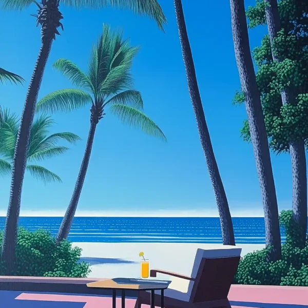 Ocean View Balcony Canvas Art, Hiroshi Nagai Style Art, Summer Canvas Art, Peaceful Balcony Art, Tropical Canvas Art, Relaxation Canvas Art, Modern Balcony View Art, Palm Trees Canvas Art, Breezy Summer Vibe Art, Contemporary Ocean Art, Tropical Decor Canvas Art, Scenic Canvas Art, Coastal Canvas Art, Serene Ocean Art, Timeless Summer Vibes Canvas Art